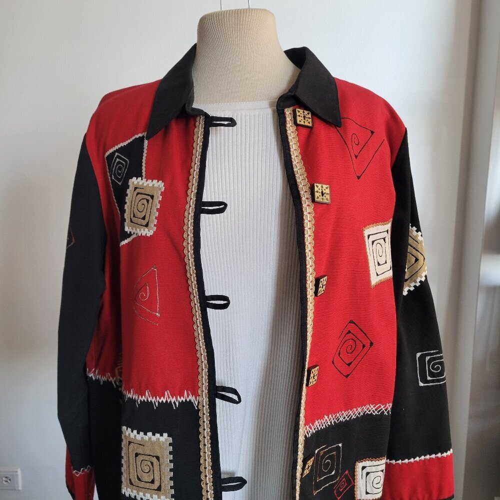 COLDWATER CREEK Red & Black Cotton Casual Jacket W/Appliqué Stitching (Size: S) - Picture 5 of 15